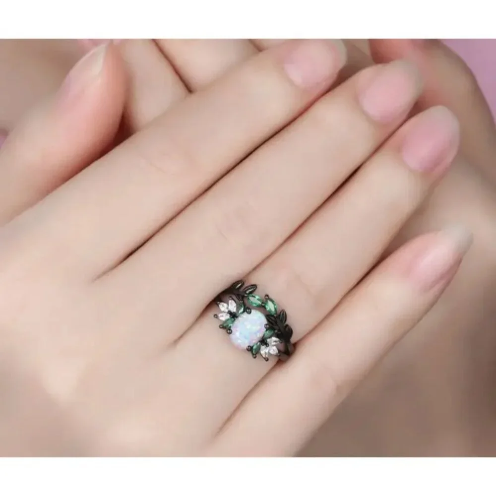 2 Pieces Oval Cut Ethiopian Fire Opal Black Gold Plated Engagement Ring Set